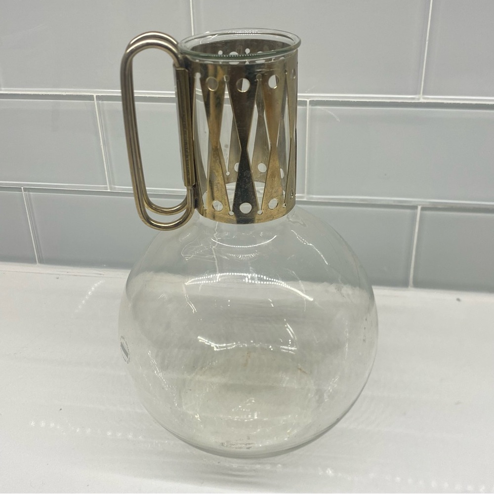 Vintage MCM Corning Brand Heat Proof Glass Carafe Warmer with Gold tone Handle